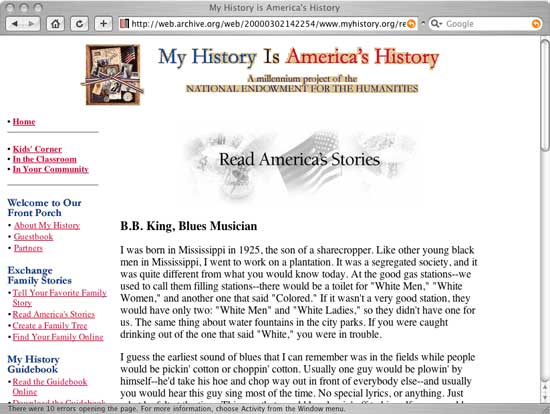 Screenshot of My History is America's History, from the Internet Archive