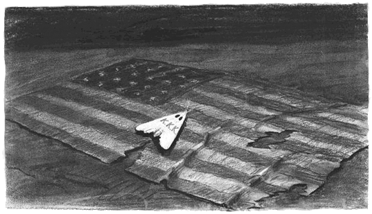 image: moth with KKK label on tattered, moth-eaten American flag